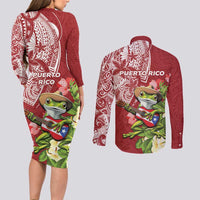 Puerto Rico Coqui Frog Couples Matching Long Sleeve Bodycon Dress and Long Sleeve Button Shirt Tropical Flowers Polynesian Style - Wonder Print Shop