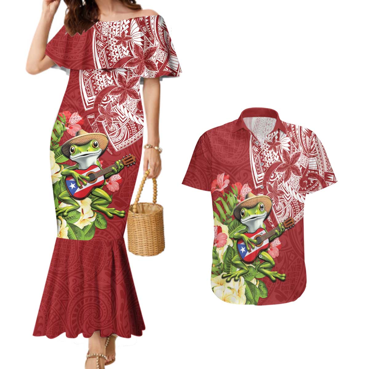 Puerto Rico Coqui Frog Couples Matching Mermaid Dress and Hawaiian Shirt Tropical Flowers Polynesian Style - Wonder Print Shop