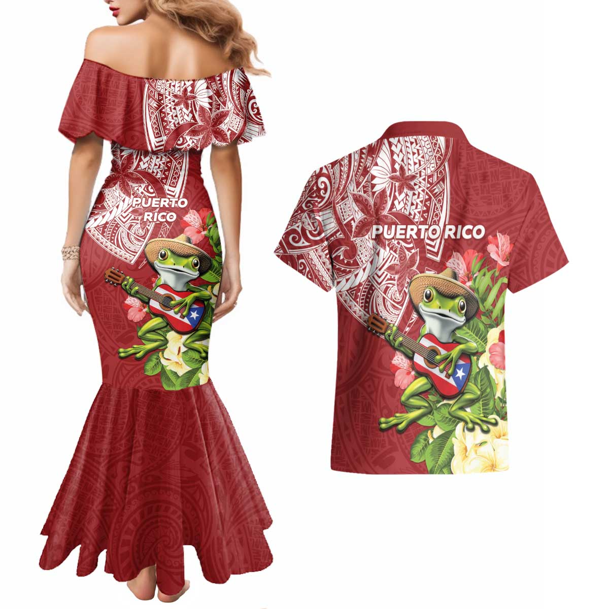 Puerto Rico Coqui Frog Couples Matching Mermaid Dress and Hawaiian Shirt Tropical Flowers Polynesian Style - Wonder Print Shop