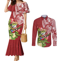 Puerto Rico Coqui Frog Couples Matching Mermaid Dress and Long Sleeve Button Shirt Tropical Flowers Polynesian Style - Wonder Print Shop