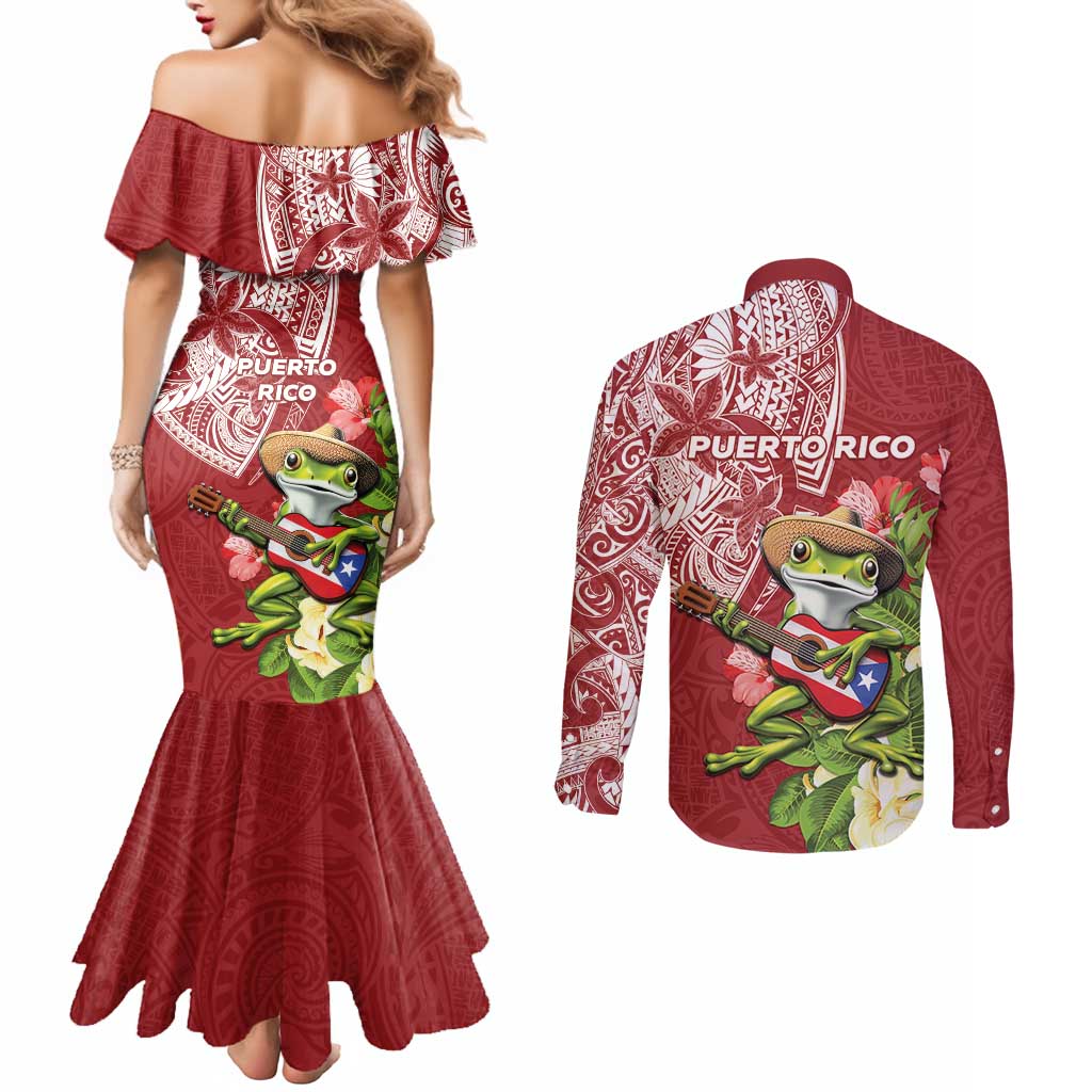 Puerto Rico Coqui Frog Couples Matching Mermaid Dress and Long Sleeve Button Shirt Tropical Flowers Polynesian Style - Wonder Print Shop