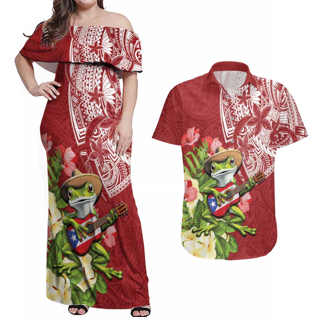 Puerto Rico Coqui Frog Couples Matching Off Shoulder Maxi Dress and Hawaiian Shirt Tropical Flowers Polynesian Style - Wonder Print Shop
