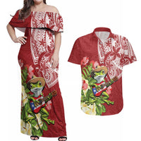 Puerto Rico Coqui Frog Couples Matching Off Shoulder Maxi Dress and Hawaiian Shirt Tropical Flowers Polynesian Style - Wonder Print Shop