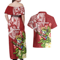 Puerto Rico Coqui Frog Couples Matching Off Shoulder Maxi Dress and Hawaiian Shirt Tropical Flowers Polynesian Style - Wonder Print Shop