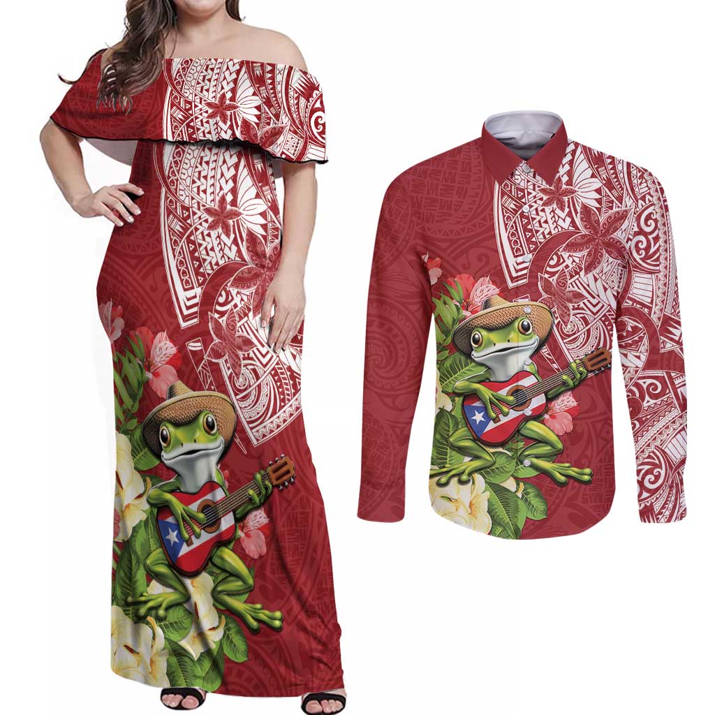 Puerto Rico Coqui Frog Couples Matching Off Shoulder Maxi Dress and Long Sleeve Button Shirt Tropical Flowers Polynesian Style - Wonder Print Shop