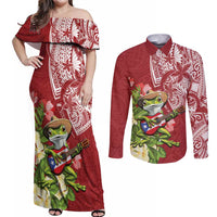 Puerto Rico Coqui Frog Couples Matching Off Shoulder Maxi Dress and Long Sleeve Button Shirt Tropical Flowers Polynesian Style - Wonder Print Shop