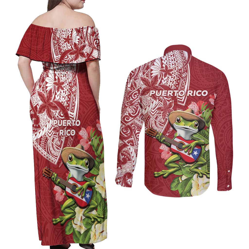 Puerto Rico Coqui Frog Couples Matching Off Shoulder Maxi Dress and Long Sleeve Button Shirt Tropical Flowers Polynesian Style - Wonder Print Shop