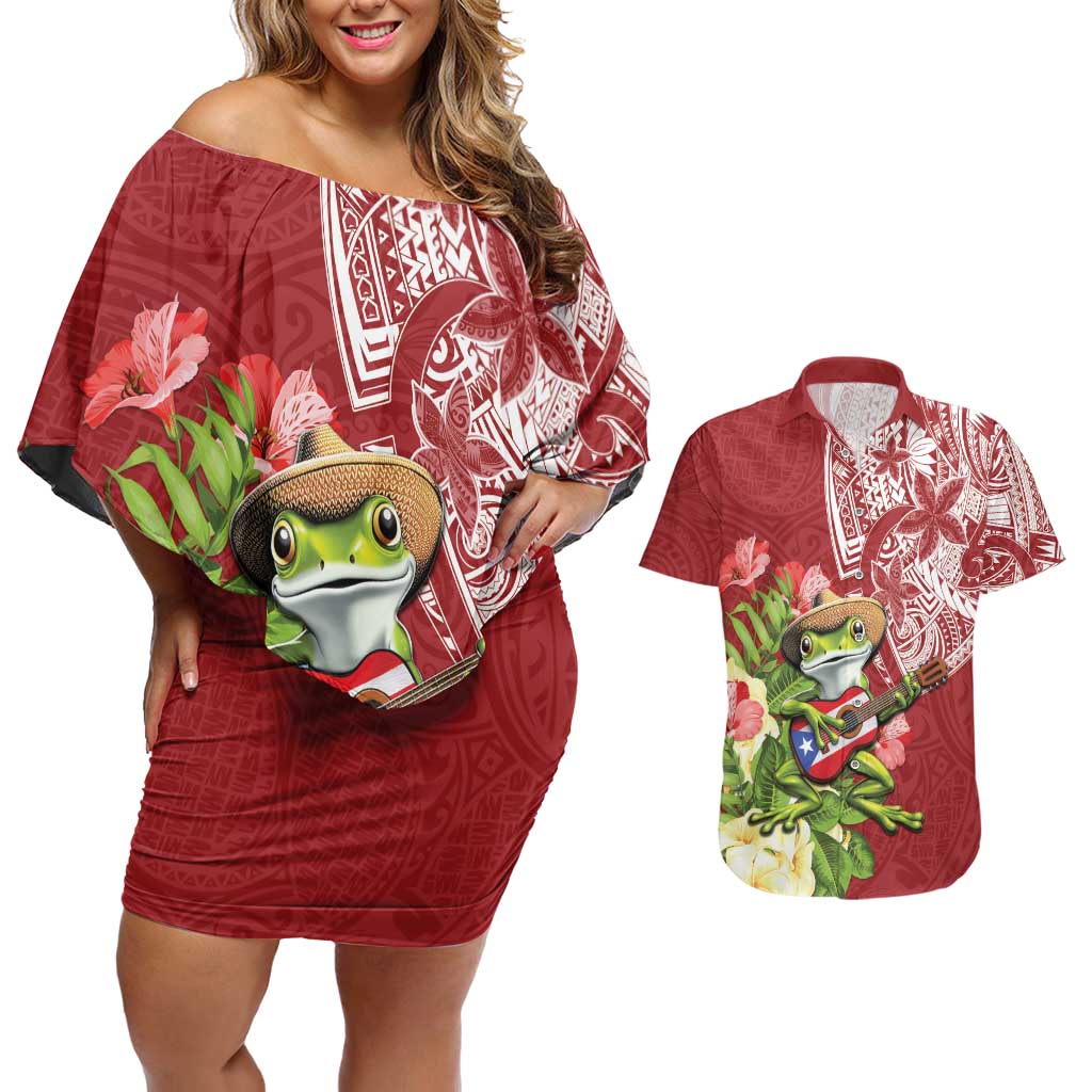 Puerto Rico Coqui Frog Couples Matching Off Shoulder Short Dress and Hawaiian Shirt Tropical Flowers Polynesian Style - Wonder Print Shop