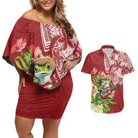 Puerto Rico Coqui Frog Couples Matching Off Shoulder Short Dress and Hawaiian Shirt Tropical Flowers Polynesian Style - Wonder Print Shop
