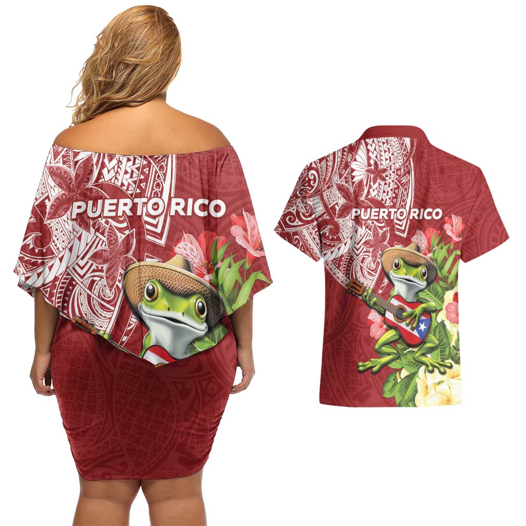 Puerto Rico Coqui Frog Couples Matching Off Shoulder Short Dress and Hawaiian Shirt Tropical Flowers Polynesian Style - Wonder Print Shop