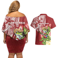 Puerto Rico Coqui Frog Couples Matching Off Shoulder Short Dress and Hawaiian Shirt Tropical Flowers Polynesian Style - Wonder Print Shop