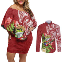 Puerto Rico Coqui Frog Couples Matching Off Shoulder Short Dress and Long Sleeve Button Shirt Tropical Flowers Polynesian Style - Wonder Print Shop