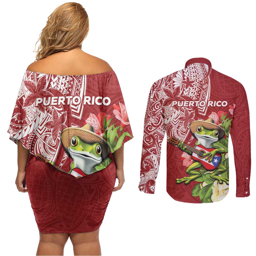 Puerto Rico Coqui Frog Couples Matching Off Shoulder Short Dress and Long Sleeve Button Shirt Tropical Flowers Polynesian Style - Wonder Print Shop