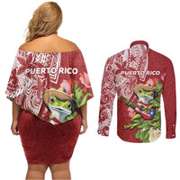 Puerto Rico Coqui Frog Couples Matching Off Shoulder Short Dress and Long Sleeve Button Shirt Tropical Flowers Polynesian Style - Wonder Print Shop