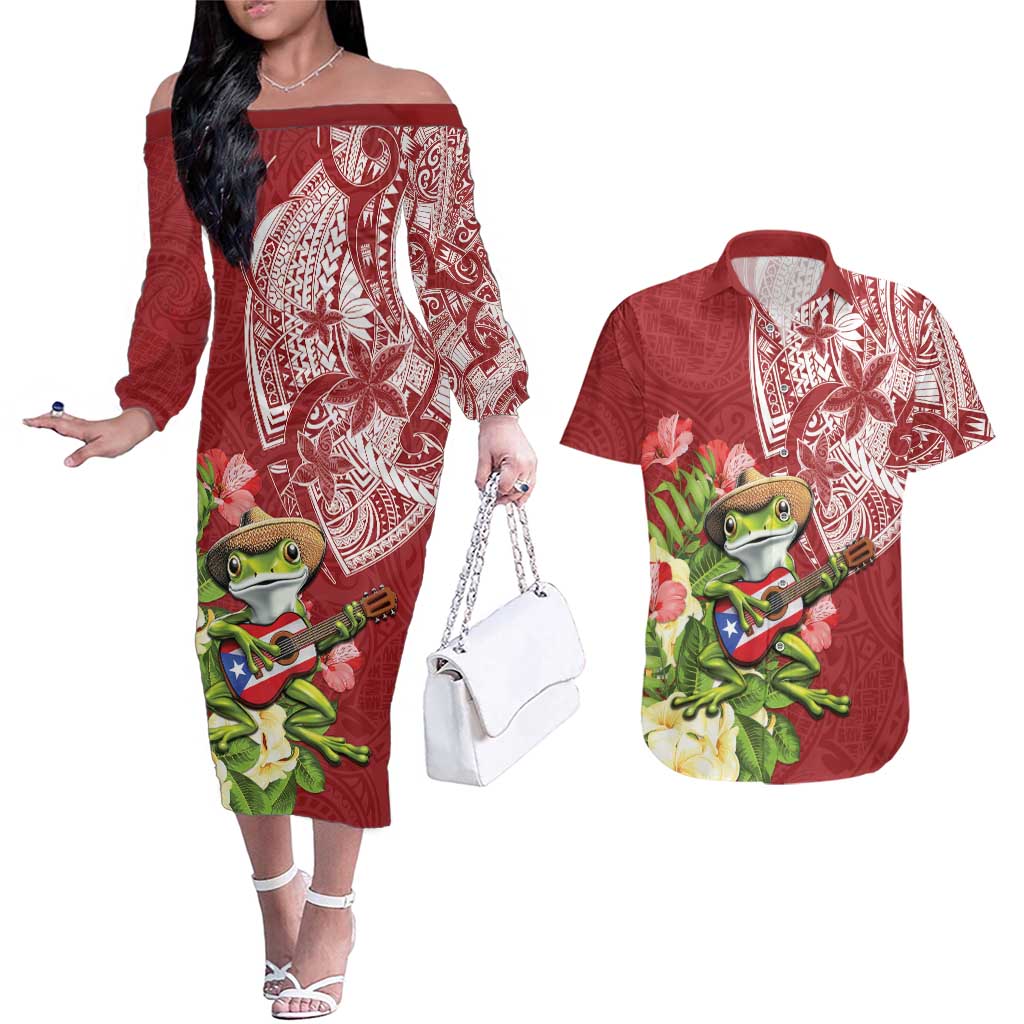 Puerto Rico Coqui Frog Couples Matching Off The Shoulder Long Sleeve Dress and Hawaiian Shirt Tropical Flowers Polynesian Style - Wonder Print Shop