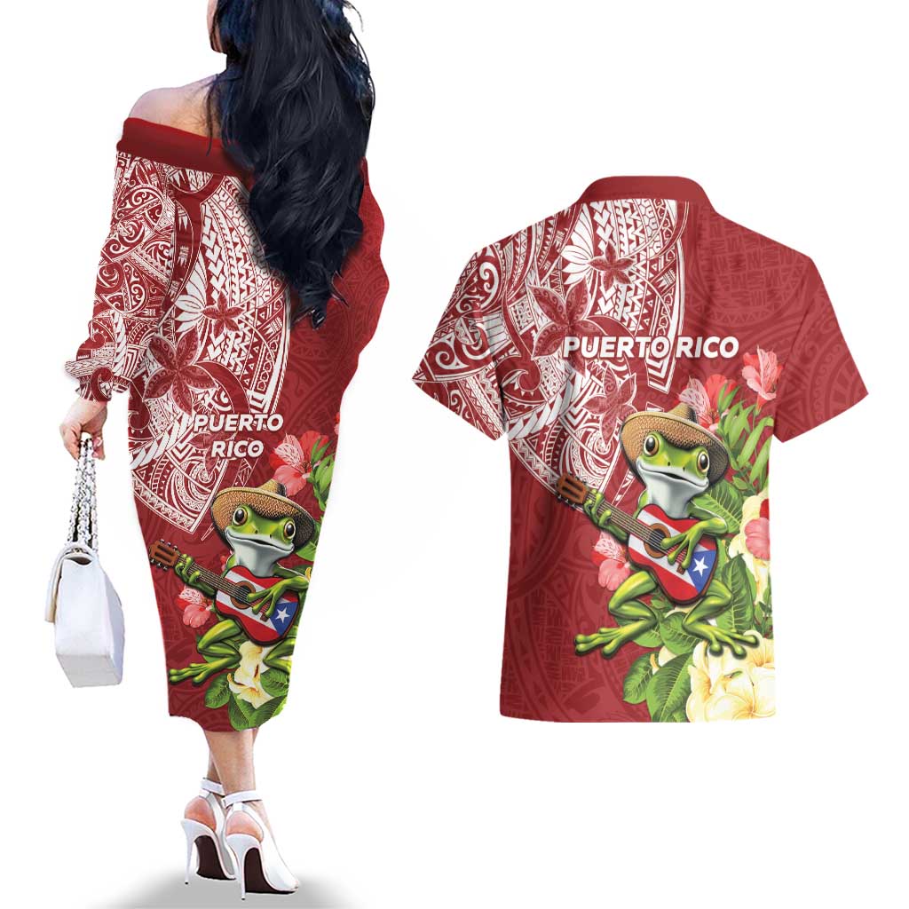 Puerto Rico Coqui Frog Couples Matching Off The Shoulder Long Sleeve Dress and Hawaiian Shirt Tropical Flowers Polynesian Style - Wonder Print Shop