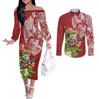 Puerto Rico Coqui Frog Couples Matching Off The Shoulder Long Sleeve Dress and Long Sleeve Button Shirt Tropical Flowers Polynesian Style - Wonder Print Shop