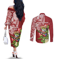 Puerto Rico Coqui Frog Couples Matching Off The Shoulder Long Sleeve Dress and Long Sleeve Button Shirt Tropical Flowers Polynesian Style - Wonder Print Shop