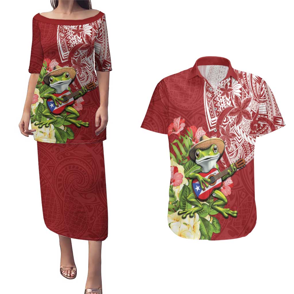 Puerto Rico Coqui Frog Couples Matching Puletasi and Hawaiian Shirt Tropical Flowers Polynesian Style - Wonder Print Shop