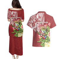 Puerto Rico Coqui Frog Couples Matching Puletasi and Hawaiian Shirt Tropical Flowers Polynesian Style - Wonder Print Shop
