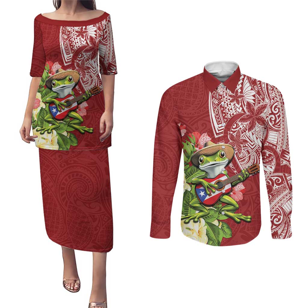 Puerto Rico Coqui Frog Couples Matching Puletasi and Long Sleeve Button Shirt Tropical Flowers Polynesian Style - Wonder Print Shop