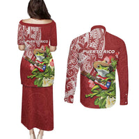 Puerto Rico Coqui Frog Couples Matching Puletasi and Long Sleeve Button Shirt Tropical Flowers Polynesian Style - Wonder Print Shop