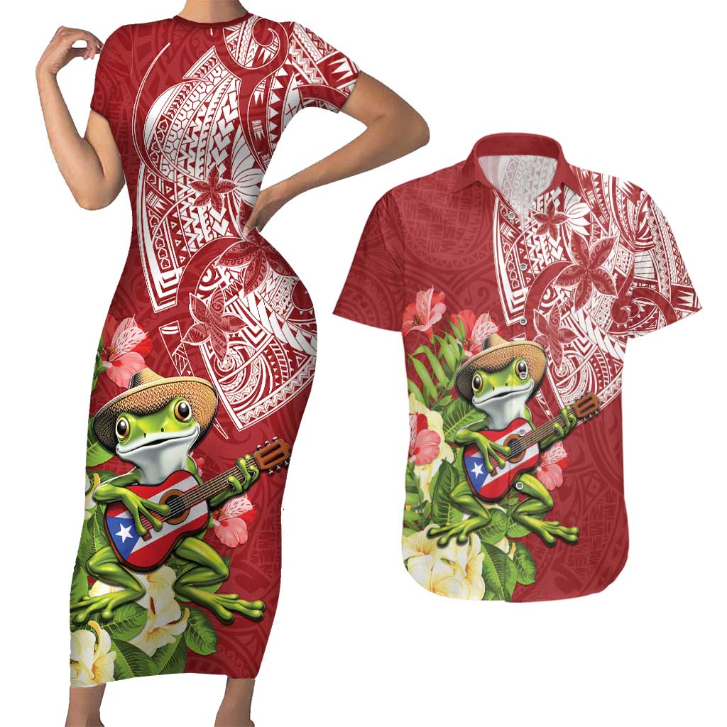 Puerto Rico Coqui Frog Couples Matching Short Sleeve Bodycon Dress and Hawaiian Shirt Tropical Flowers Polynesian Style - Wonder Print Shop