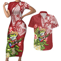 Puerto Rico Coqui Frog Couples Matching Short Sleeve Bodycon Dress and Hawaiian Shirt Tropical Flowers Polynesian Style - Wonder Print Shop