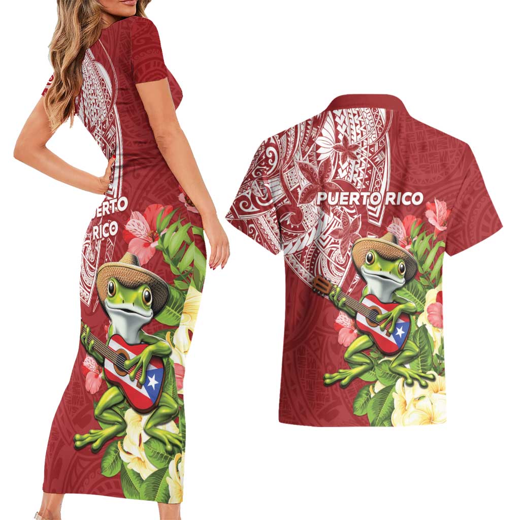 Puerto Rico Coqui Frog Couples Matching Short Sleeve Bodycon Dress and Hawaiian Shirt Tropical Flowers Polynesian Style - Wonder Print Shop
