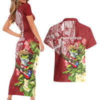 Puerto Rico Coqui Frog Couples Matching Short Sleeve Bodycon Dress and Hawaiian Shirt Tropical Flowers Polynesian Style - Wonder Print Shop