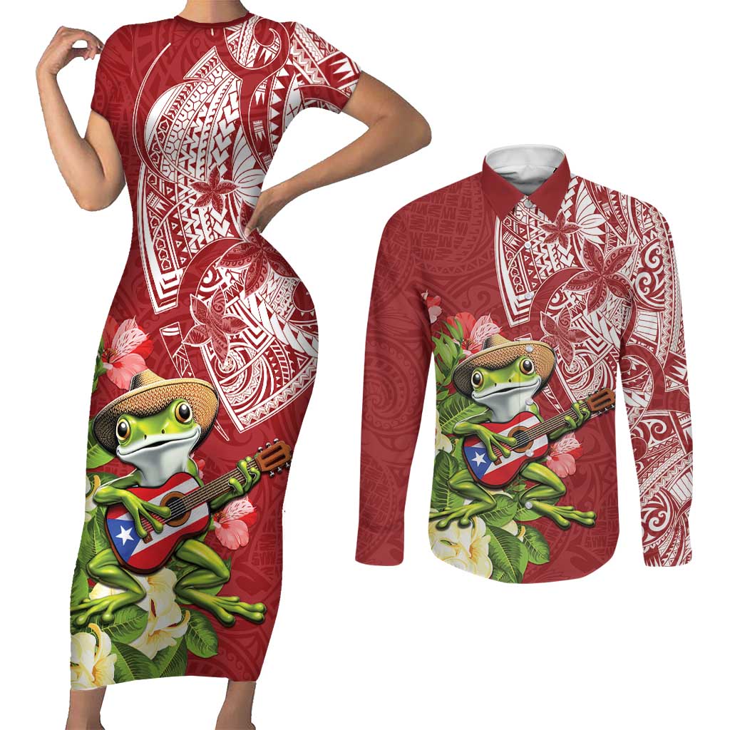 Puerto Rico Coqui Frog Couples Matching Short Sleeve Bodycon Dress and Long Sleeve Button Shirt Tropical Flowers Polynesian Style - Wonder Print Shop