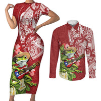 Puerto Rico Coqui Frog Couples Matching Short Sleeve Bodycon Dress and Long Sleeve Button Shirt Tropical Flowers Polynesian Style - Wonder Print Shop