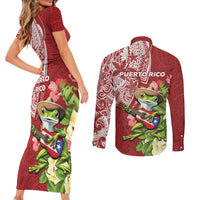 Puerto Rico Coqui Frog Couples Matching Short Sleeve Bodycon Dress and Long Sleeve Button Shirt Tropical Flowers Polynesian Style - Wonder Print Shop