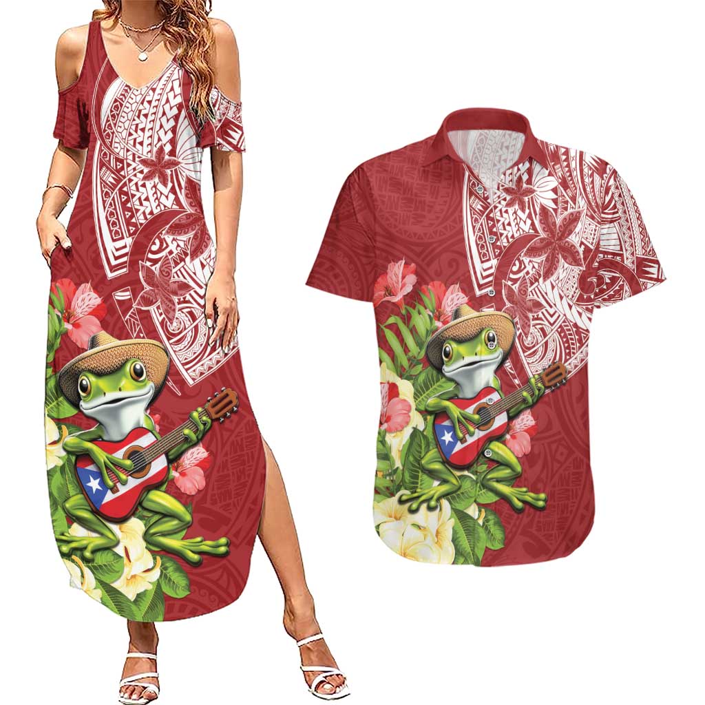 Puerto Rico Coqui Frog Couples Matching Summer Maxi Dress and Hawaiian Shirt Tropical Flowers Polynesian Style - Wonder Print Shop