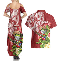 Puerto Rico Coqui Frog Couples Matching Summer Maxi Dress and Hawaiian Shirt Tropical Flowers Polynesian Style - Wonder Print Shop