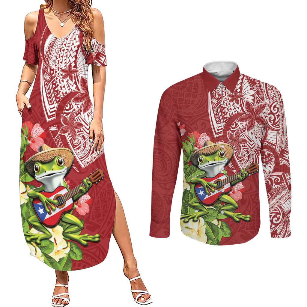Puerto Rico Coqui Frog Couples Matching Summer Maxi Dress and Long Sleeve Button Shirt Tropical Flowers Polynesian Style - Wonder Print Shop