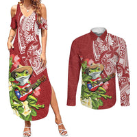 Puerto Rico Coqui Frog Couples Matching Summer Maxi Dress and Long Sleeve Button Shirt Tropical Flowers Polynesian Style - Wonder Print Shop