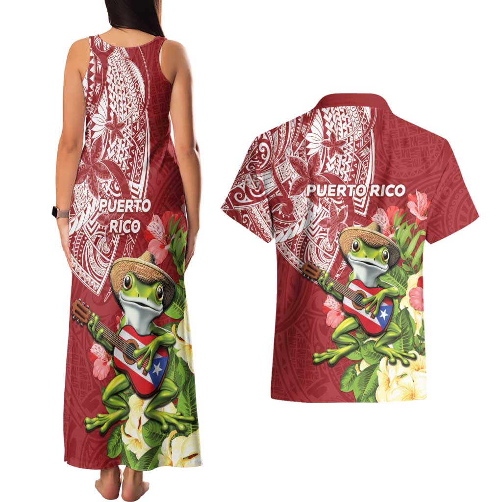 Puerto Rico Coqui Frog Couples Matching Tank Maxi Dress and Hawaiian Shirt Tropical Flowers Polynesian Style - Wonder Print Shop
