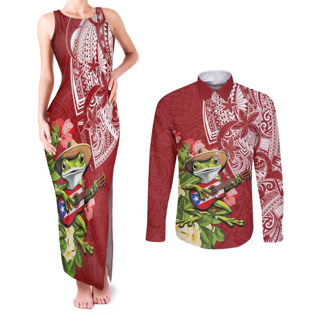 Puerto Rico Coqui Frog Couples Matching Tank Maxi Dress and Long Sleeve Button Shirt Tropical Flowers Polynesian Style - Wonder Print Shop