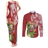Puerto Rico Coqui Frog Couples Matching Tank Maxi Dress and Long Sleeve Button Shirt Tropical Flowers Polynesian Style - Wonder Print Shop