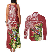 Puerto Rico Coqui Frog Couples Matching Tank Maxi Dress and Long Sleeve Button Shirt Tropical Flowers Polynesian Style - Wonder Print Shop