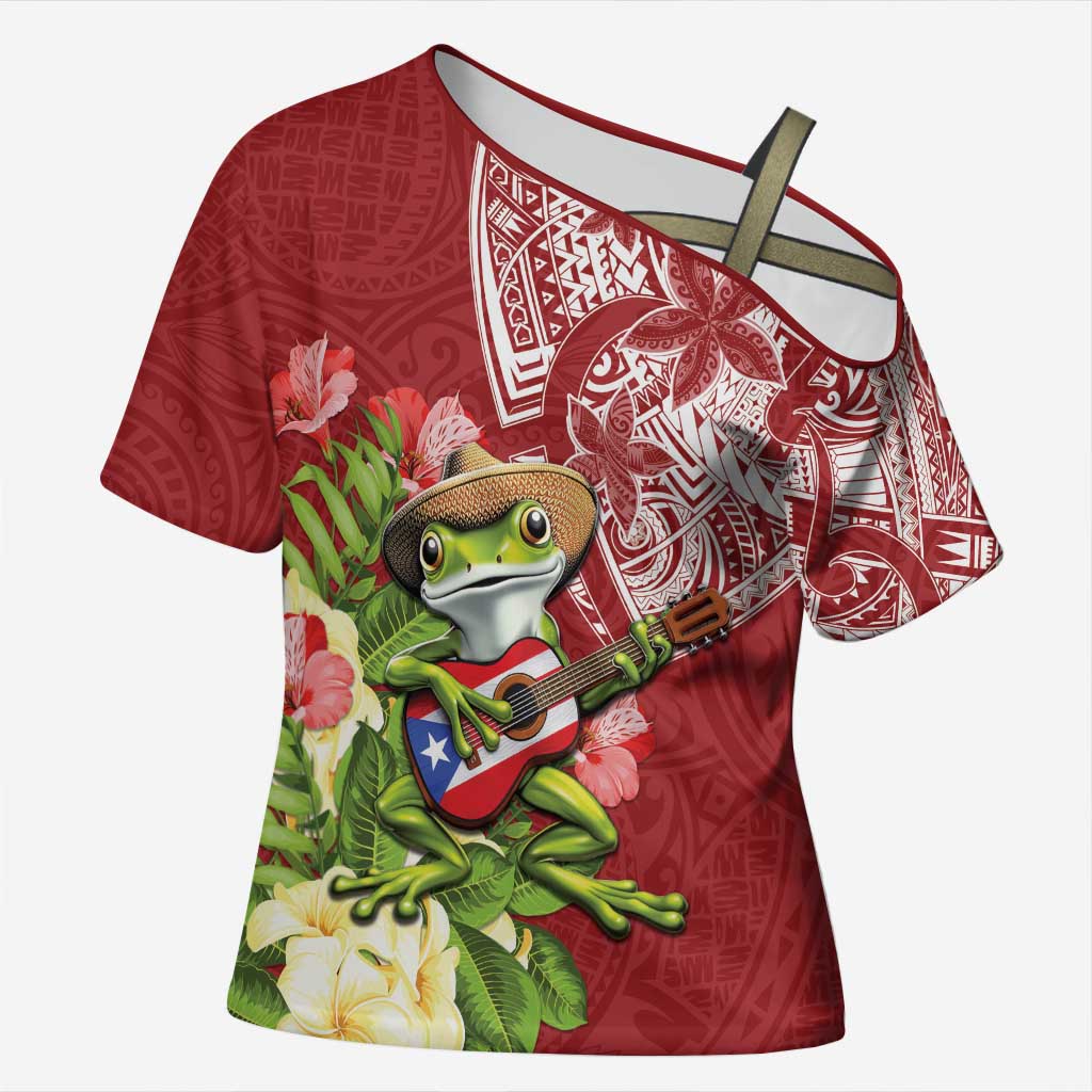 Puerto Rico Coqui Frog Cross Shoulder Shirt Tropical Flowers Polynesian Style - Wonder Print Shop