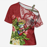 Puerto Rico Coqui Frog Cross Shoulder Shirt Tropical Flowers Polynesian Style - Wonder Print Shop