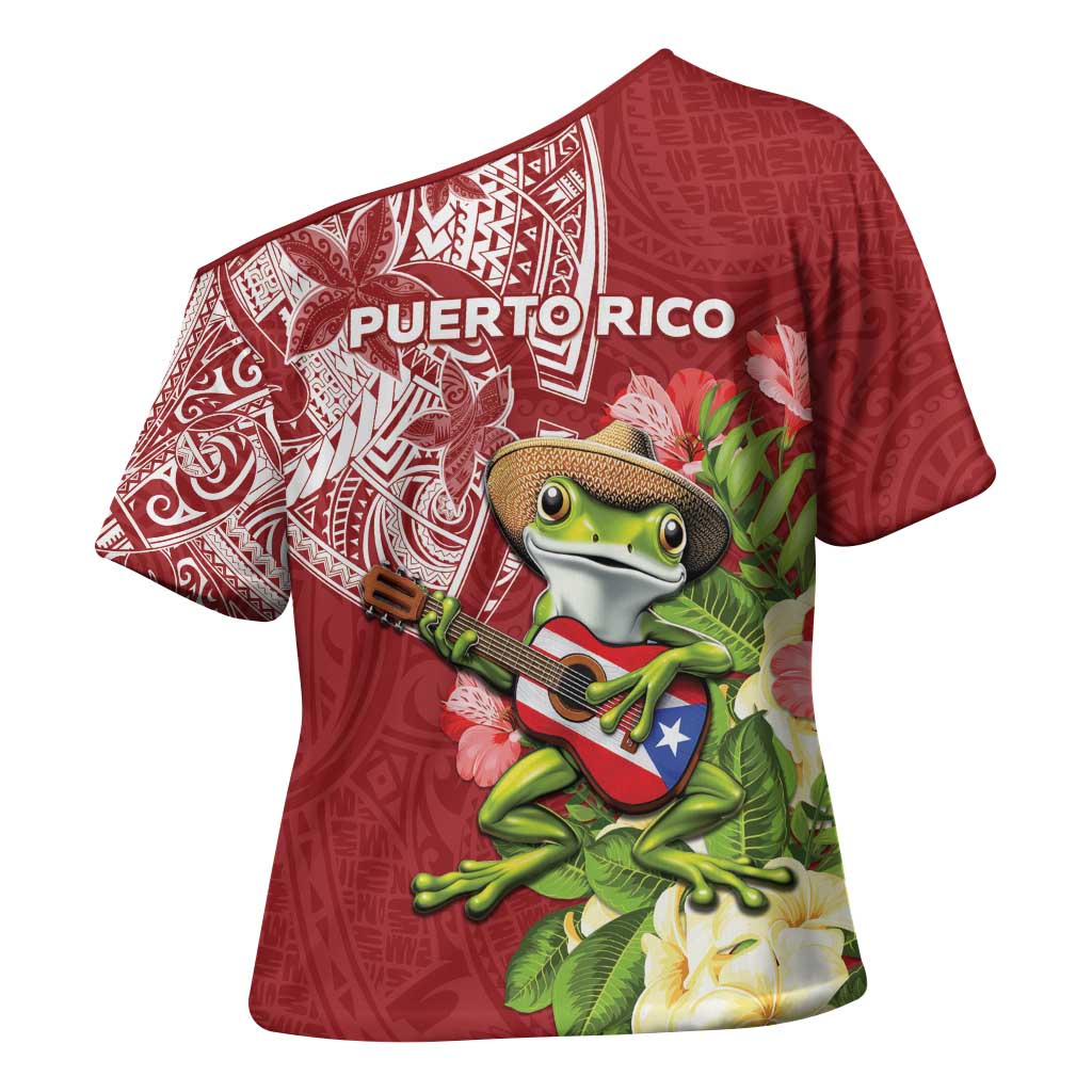 Puerto Rico Coqui Frog Cross Shoulder Shirt Tropical Flowers Polynesian Style - Wonder Print Shop