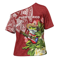 Puerto Rico Coqui Frog Cross Shoulder Shirt Tropical Flowers Polynesian Style - Wonder Print Shop