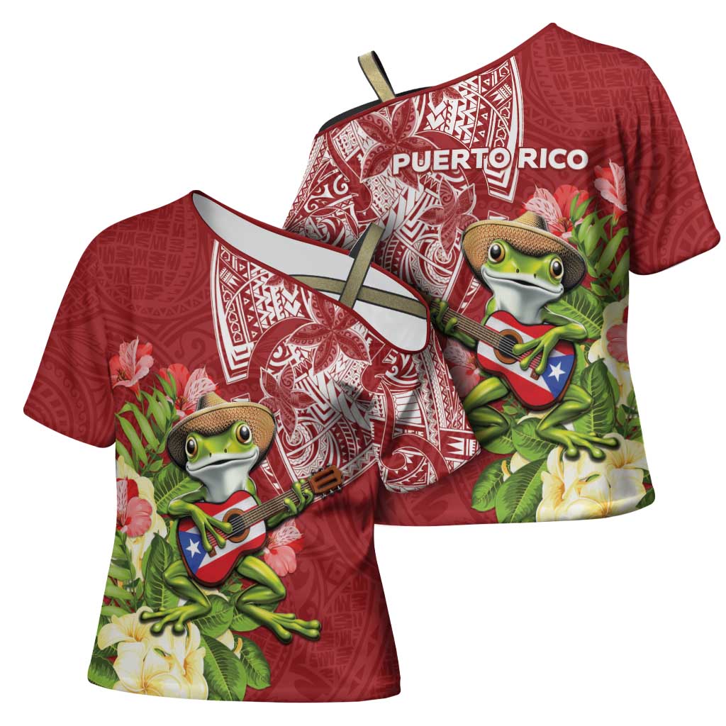 Puerto Rico Coqui Frog Cross Shoulder Shirt Tropical Flowers Polynesian Style - Wonder Print Shop