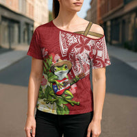 Puerto Rico Coqui Frog Cross Shoulder Shirt Tropical Flowers Polynesian Style - Wonder Print Shop