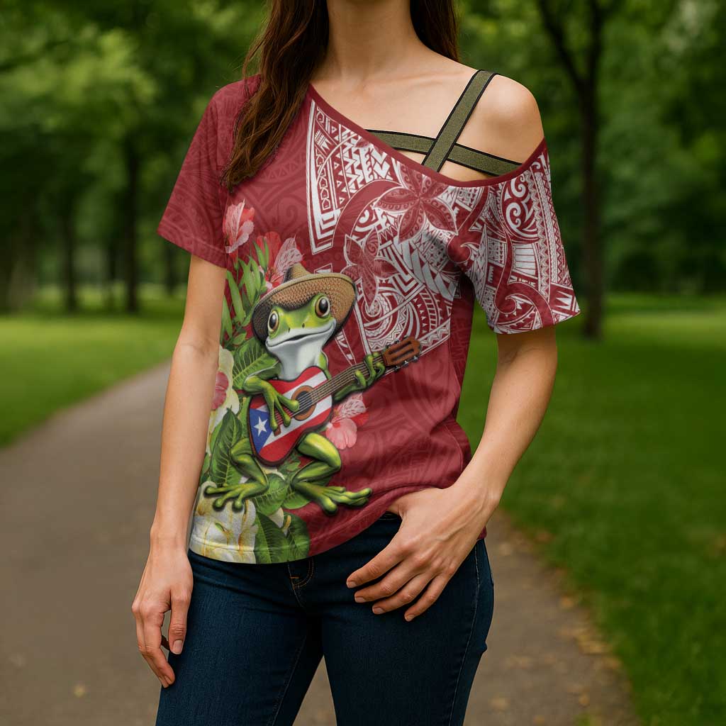 Puerto Rico Coqui Frog Cross Shoulder Shirt Tropical Flowers Polynesian Style - Wonder Print Shop