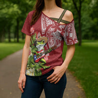 Puerto Rico Coqui Frog Cross Shoulder Shirt Tropical Flowers Polynesian Style - Wonder Print Shop