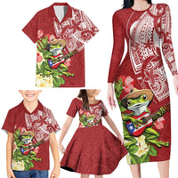 Puerto Rico Coqui Frog Family Matching Long Sleeve Bodycon Dress and Hawaiian Shirt Tropical Flowers Polynesian Style - Wonder Print Shop